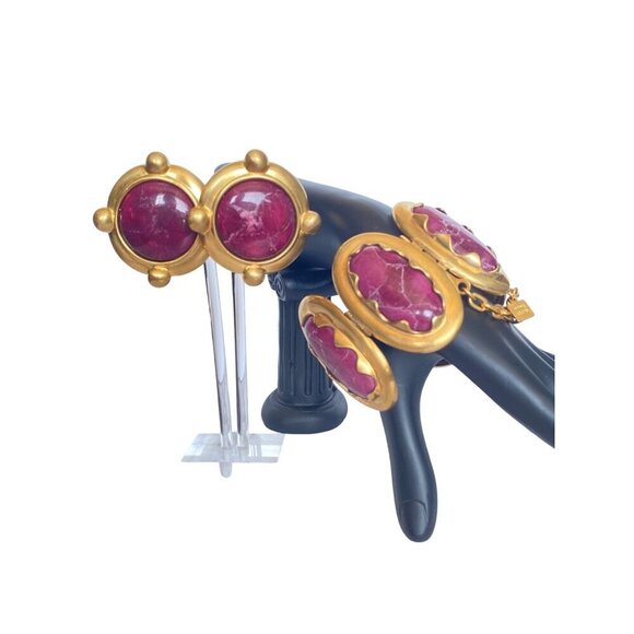 Anne‎ Klein Couture rare vintage 80s magenta marble cabochon earrings & bracelet - Picture 5 of 10
